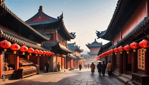 Asian Alleyway with Traditional Chinese Architecture and Red Lanterns