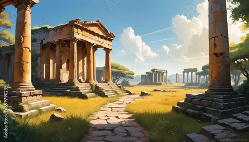 Ancient Greek Temple Ruins with Sunlit Pathway
