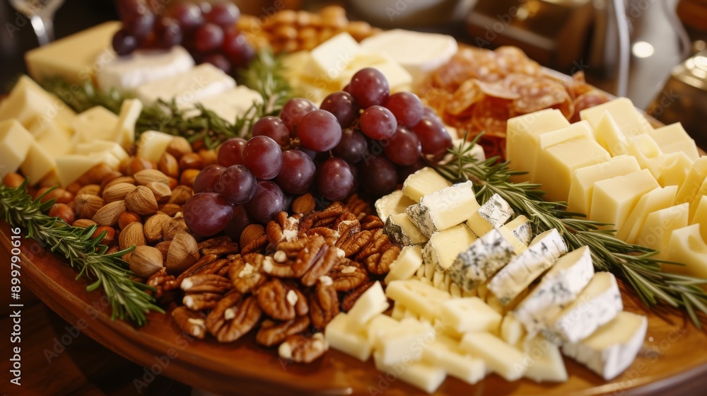 An elegantly arranged cheese plate, featuring various cheeses, grapes, and nuts, ready to be served An elegantly arranged cheese plate, featuring various cheeses, grapes, and nuts, ready to be served