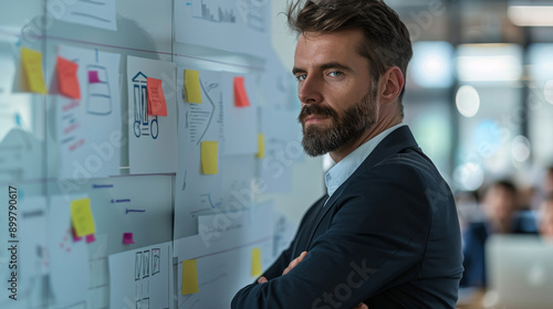 Business leader with a thoughtful look, planning strategies on a whiteboard