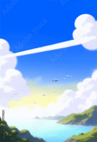 Aeronautical Adventure: Airplane Soaring Over a Serene Coastal Landscape