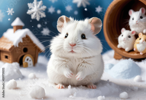 Adorable White Mouse in Winter Scene with Gingerbread House and Snowflakes