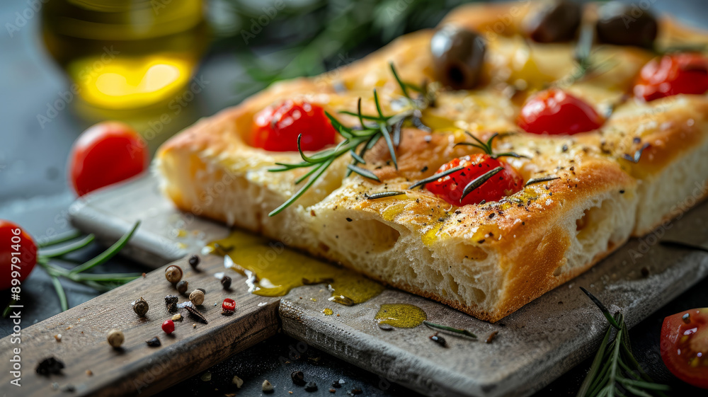 Focaccia with cherry tomatoes, rosemary, and olives on a wooden board Focaccia with cherry tomatoes, rosemary, and olives on a wooden board
