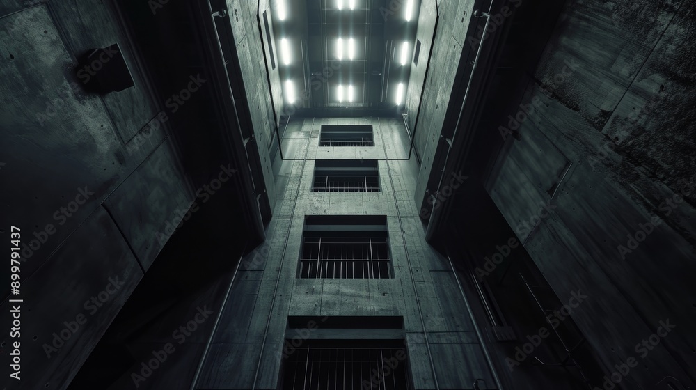 A dramatic view looking up an industrial concrete elevator shaft illuminated by bright overhead lights. The image's stark lines and harsh lighting create a sense of depth and mystery, suitable for A dramatic view looking up an industrial concrete elevator shaft illuminated by bright overhead lights. The image's stark lines and harsh lighting create a sense of depth and mystery, suitable for