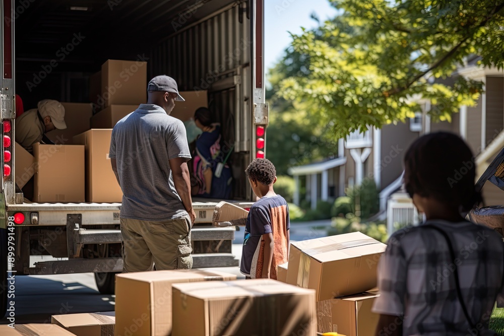 Family unpacking from moving truck in sunny suburban neighborhood Family unpacking from moving truck in sunny suburban neighborhood