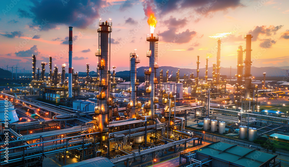 Oil Production Plant with Large Stacks Emitting Black Fumes into the Sky at Dusk, Symbolizing Global Carbon Emissions and Corporate Growth Oil Production Plant with Large Stacks Emitting Black Fumes into the Sky at Dusk, Symbolizing Global Carbon Emissions and Corporate Growth
