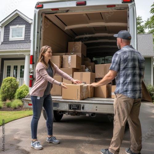 Group of Friends Helping with Moving Boxes at Apartment Complex