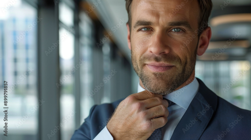 a confident businessman adjusting his tie in a modern office a confident businessman adjusting his tie in a modern office