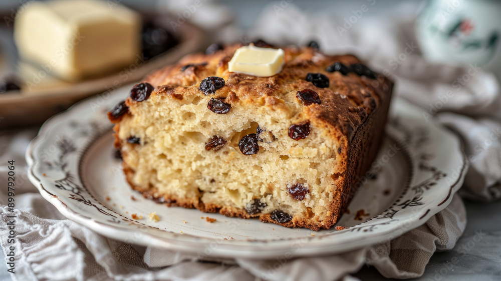 Slice of fruitcake with raisins and butter on top. Slice of fruitcake with raisins and butter on top.