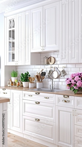 A modern kitchen setup features a white sink cabinet with wooden countertops, styled with simple decor and plants, creating a clean and inviting cooking space