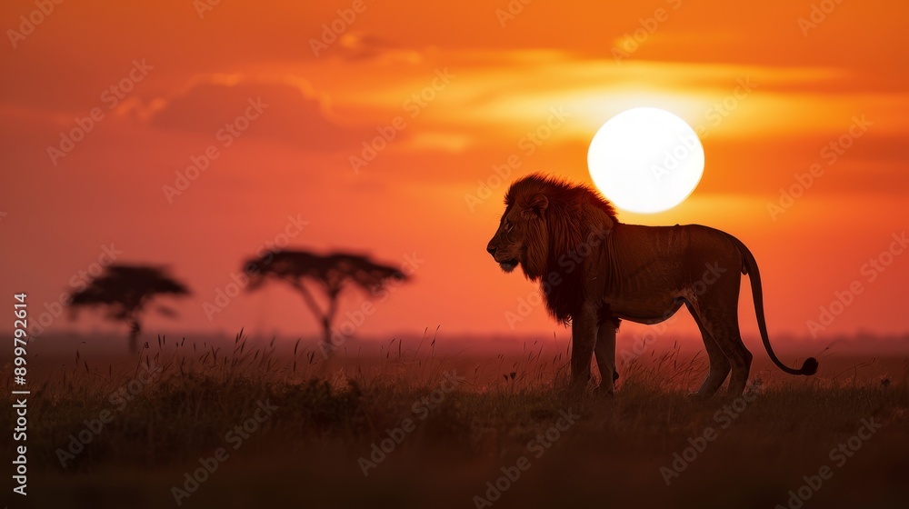 Fototapeta premium Majestic Lion Silhouette Against a Fiery African Sunset