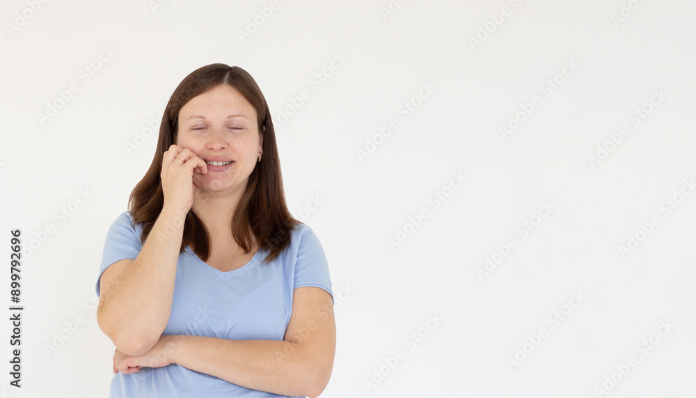 Beautiful caucasian woman dreamy smiling with eyes closed, standing relaxed and happy against white background. Copy space Beautiful caucasian woman dreamy smiling with eyes closed, standing relaxed and happy against white background. Copy space