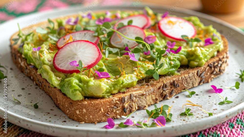Avocado toast topped with radish slices and microgreens on a plate. Avocado toast topped with radish slices and microgreens on a plate.
