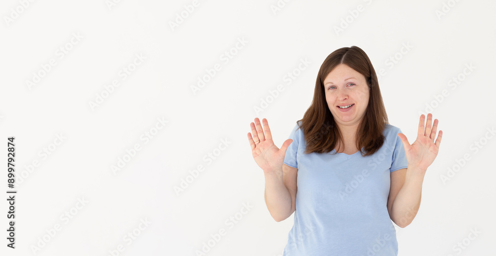 No, everything fine really. Intense worried and nervous cute female in blue t-shirt, stopping backwards, holding palms raised near chest in sorry gesture, bumping at stranger accidentally No, everything fine really. Intense worried and nervous cute female in blue t-shirt, stopping backwards, holding palms raised near chest in sorry gesture, bumping at stranger accidentally