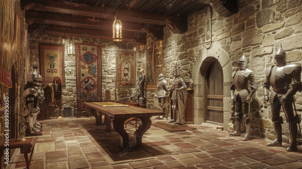 A historic castle interior with stone walls, medieval tapestries, a grand dining hall with a long wooden table, and suits of armor on display. A historic castle interior with stone walls, medieval tapestries, a grand dining hall with a long wooden table, and suits of armor on display.