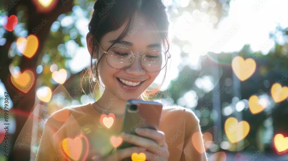 portrait of smiling young asian lady chatting at social networks on smartphone in park, double exposure with emojis, hearts and likes. Modern communication remotely outdoor, collage portrait of smiling young asian lady chatting at social networks on smartphone in park, double exposure with emojis, hearts and likes. Modern communication remotely outdoor, collage