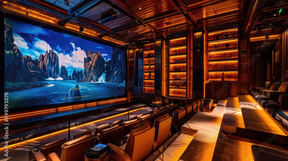 Fototapeta premium A lavish home theater with tiered seating, a massive screen, surround sound system, and ambient lighting for an immersive movie experience.