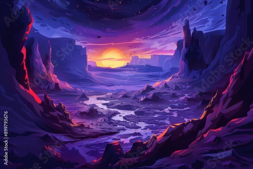 Purple mountains and river landscape at sunset © Zeeezz