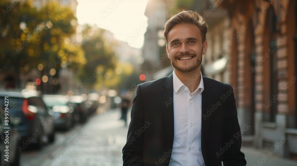 portrait of a handsome smiling white young businessman boss in a black suit walking on a city street to his company office. blurry street background, confident portrait of a handsome smiling white young businessman boss in a black suit walking on a city street to his company office. blurry street background, confident