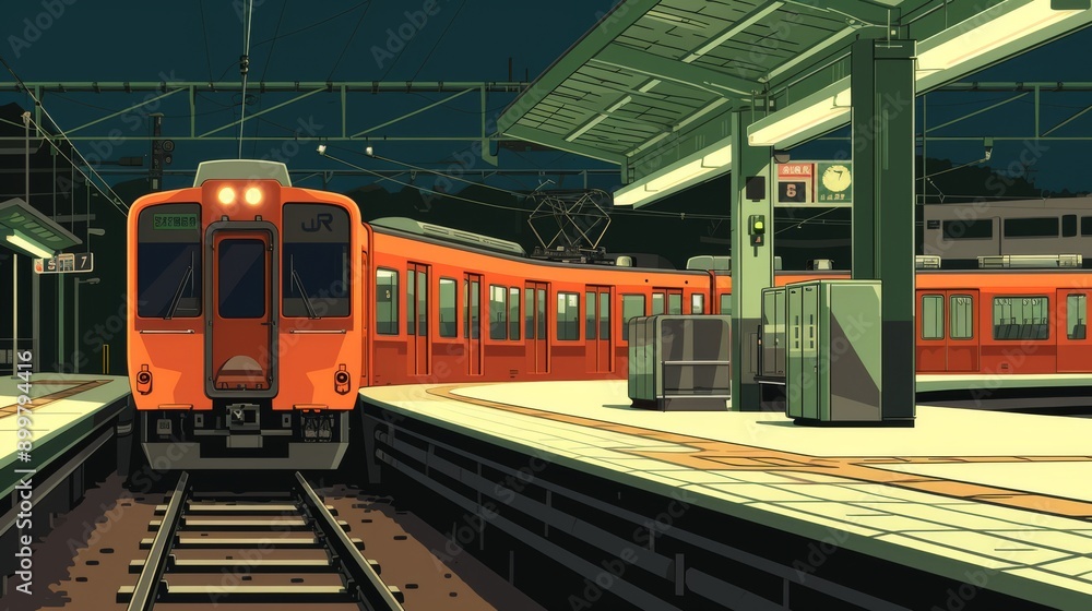 A vibrant illustration of a modern train at an urban station at night. The brightly lit platform and the sleek design of the train capture the essence of contemporary city life, making it perfect for A vibrant illustration of a modern train at an urban station at night. The brightly lit platform and the sleek design of the train capture the essence of contemporary city life, making it perfect for