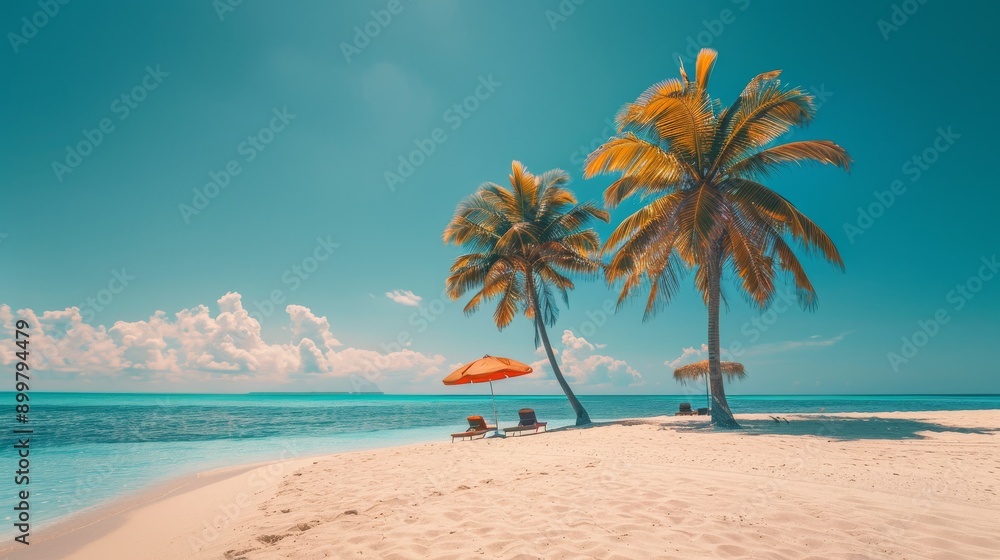 Obraz premium Tropical Haven Midday Beach with Majestic Palms and Shady Parasols