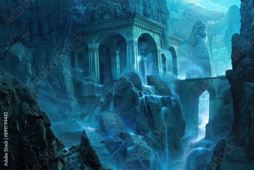 Ancient ruins of an underwater city with waterfalls and glowing crystals photo