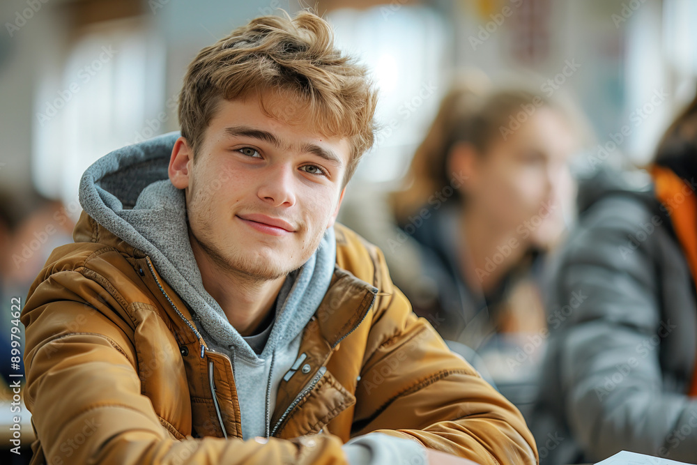 High school student in the classroom at the desk with positive emotions High school student in the classroom at the desk with positive emotions