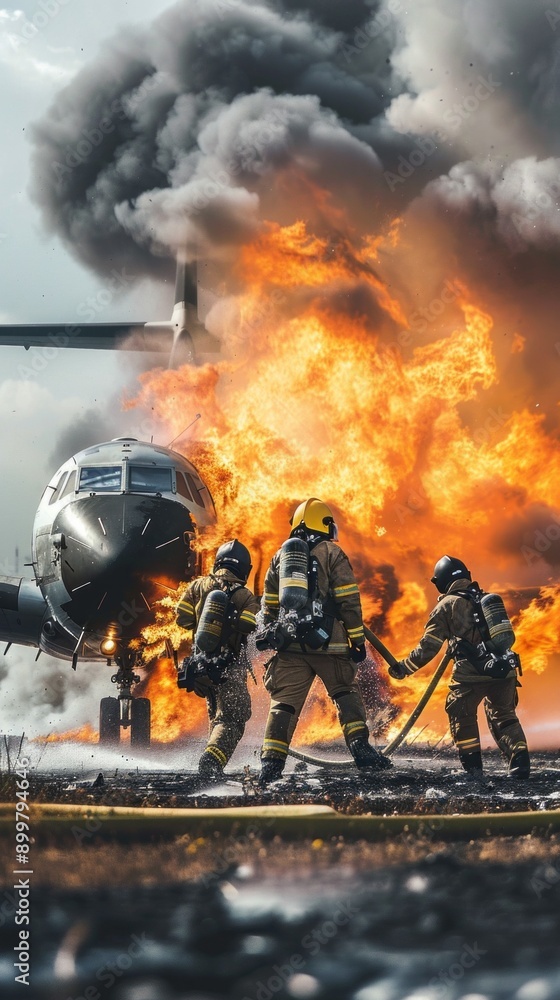 Obraz premium A group of firefighters are putting out a fire on an airplane