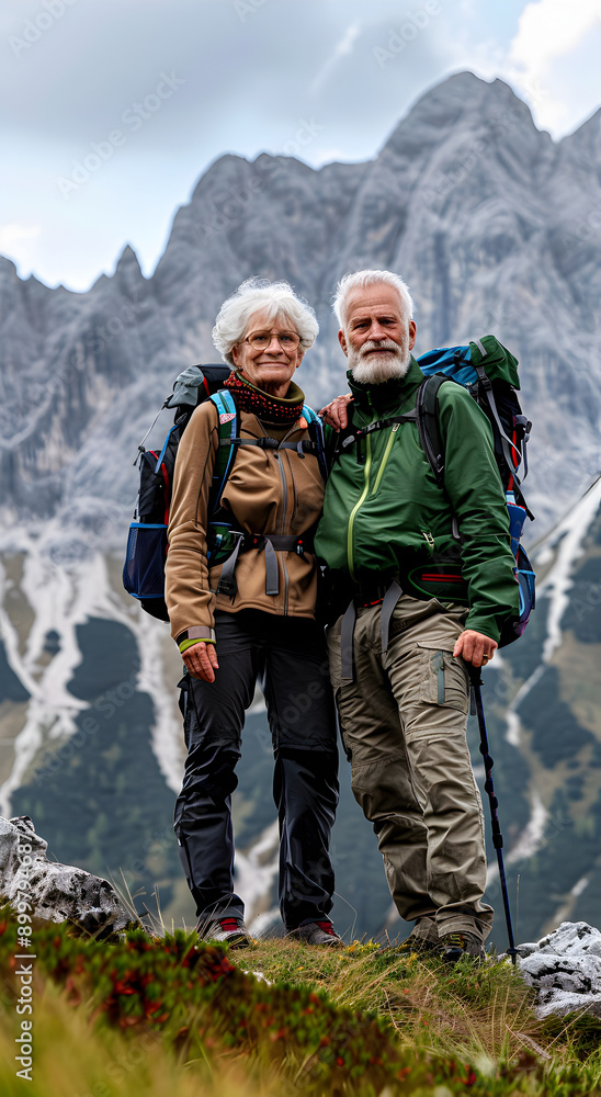 An elderly couple on a hike, posing for a photo against a mountain backdrop. The concept of vacation for the elderly. An elderly couple on a hike, posing for a photo against a mountain backdrop. The concept of vacation for the elderly.