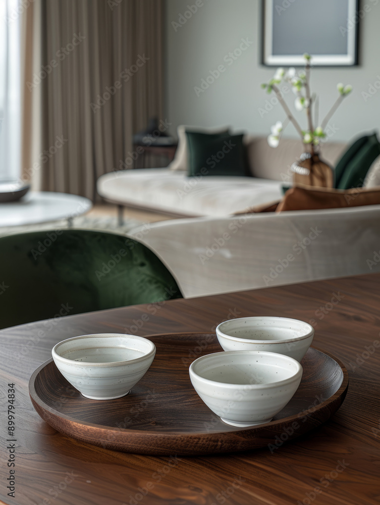 Three ceramic bowls on a wooden tray in a modern living room. Three ceramic bowls on a wooden tray in a modern living room.