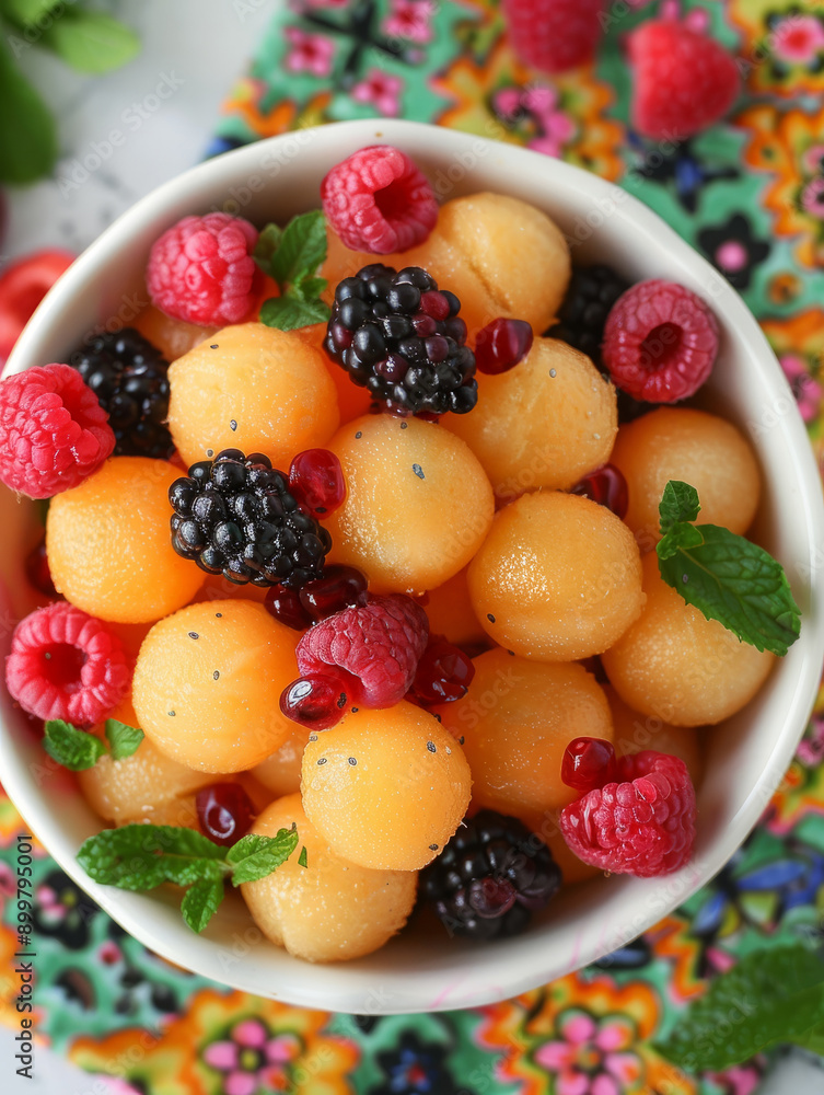 A bowl of fresh melon balls with raspberries and blackberries. A bowl of fresh melon balls with raspberries and blackberries.