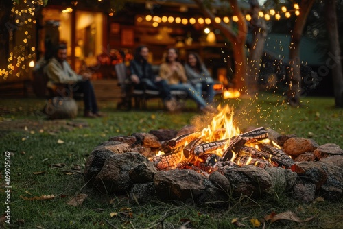 A bonfire burns brightly in a backyard, surrounded by friends enjoying the warmth and light.