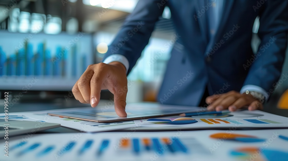 Fototapeta premium A businessman's hand points at a chart on a desk, reviewing financial data and analyzing business performance.