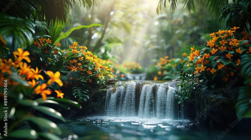 Naklejka premium A cascading waterfall flows through a lush, tropical jungle, sunlight filtering through the dense canopy.