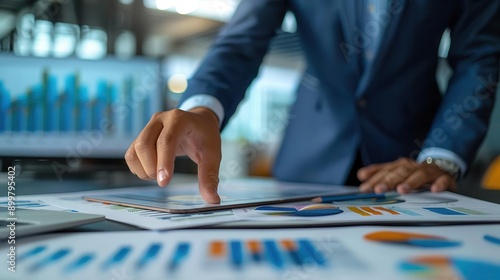 A businessman's hand points at a chart on a desk, reviewing financial data and analyzing business performance.