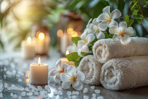 Spa still life with aromatic candles, orchid blossom and towel. Spa setting with orchid, candles, grey stones and rolled towel on grey background