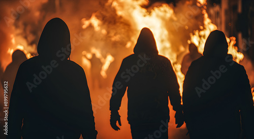 A violent riot or street fight of criminal gangs or extremists, faces in shadows, black clothes and hoods, fire and flames in the background, looting. photo