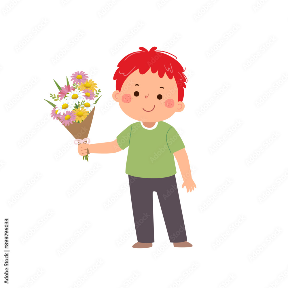Cartoon little boy holding a bouquet of flowers Cartoon little boy holding a bouquet of flowers