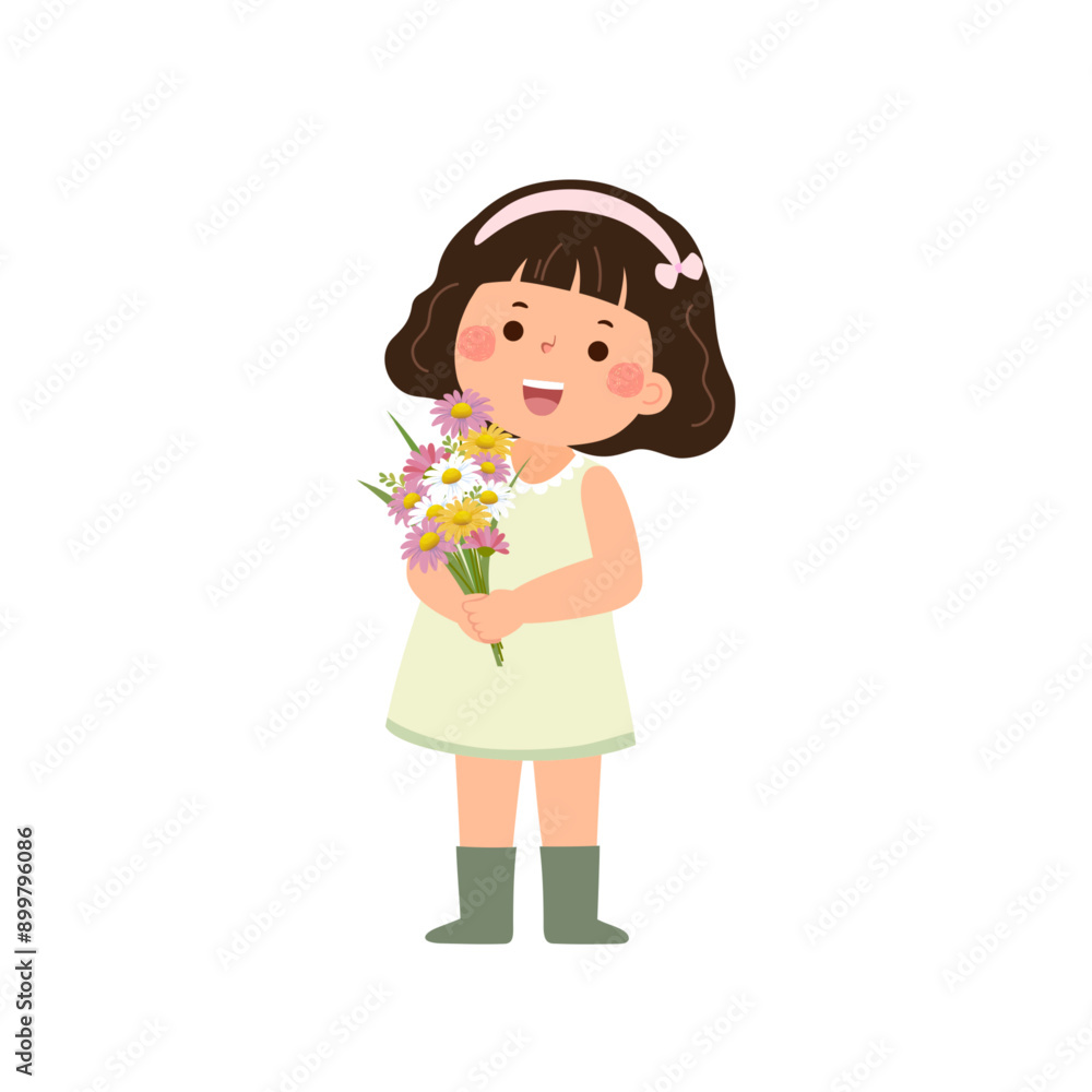 Cartoon little girl holding a bouquet of flowers Cartoon little girl holding a bouquet of flowers
