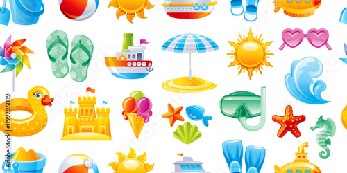 Beach toy pattern. 3d render cartoon background. Summer vector plastic object. Sea vacation ball, sand mold, sand castle, pinwheel, sun, beach umbrella, toy bucket, starfish. Cute beach render element