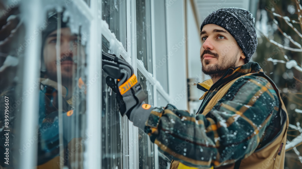 Confident worker in professional attire effectively installing new energy-saving windows, increasing home comfort Confident worker in professional attire effectively installing new energy-saving windows, increasing home comfort
