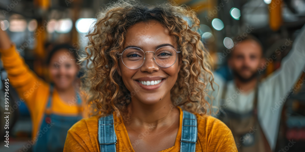 Group of diverse mechanics, celebrating the completion of a challenging project, diversity in the auto shop. Group of diverse mechanics, celebrating the completion of a challenging project, diversity in the auto shop.