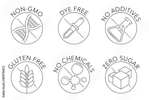 Icons set of additives for labeling, circle in thin line