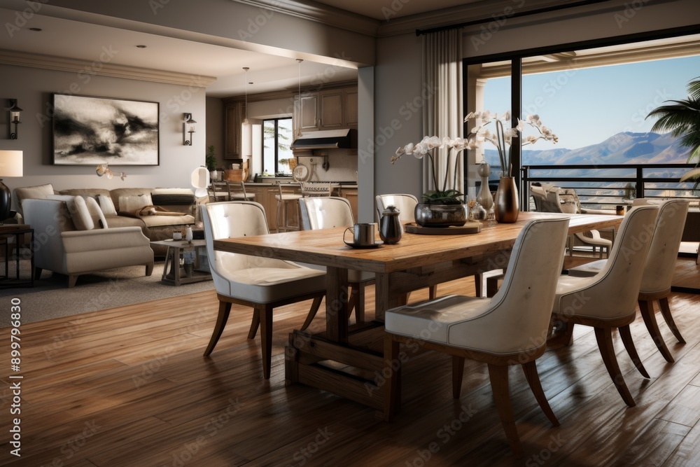 Fototapeta premium Modern Dining Room with a Mountain View