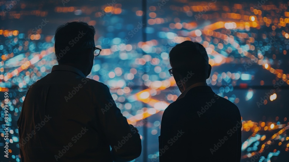 Two professionals observe a vibrant cityscape illuminated by lights, reflecting technology and urban life in a modern setting. Two professionals observe a vibrant cityscape illuminated by lights, reflecting technology and urban life in a modern setting.