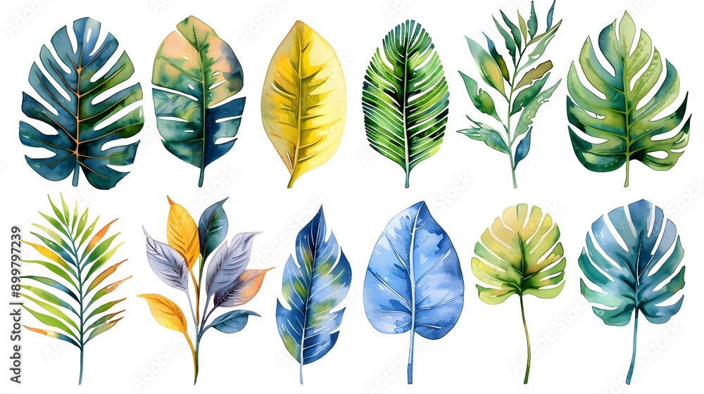 Fototapeta premium Vibrant Watercolor Tropical Leaf Set on White Background with Copy Space