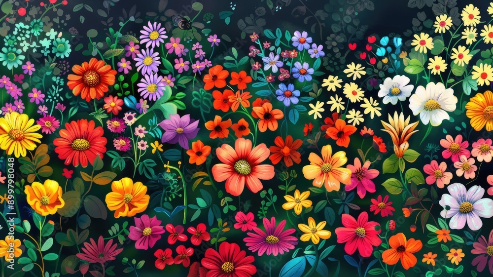 A vibrant garden with various blooming flowers against a lush backdrop. A vibrant garden with various blooming flowers against a lush backdrop.