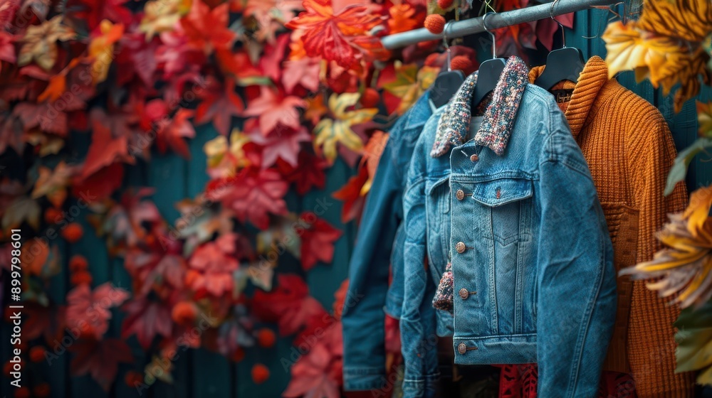 A denim jacket hangs on a rack, surrounded by autumn leaves. A denim jacket hangs on a rack, surrounded by autumn leaves.