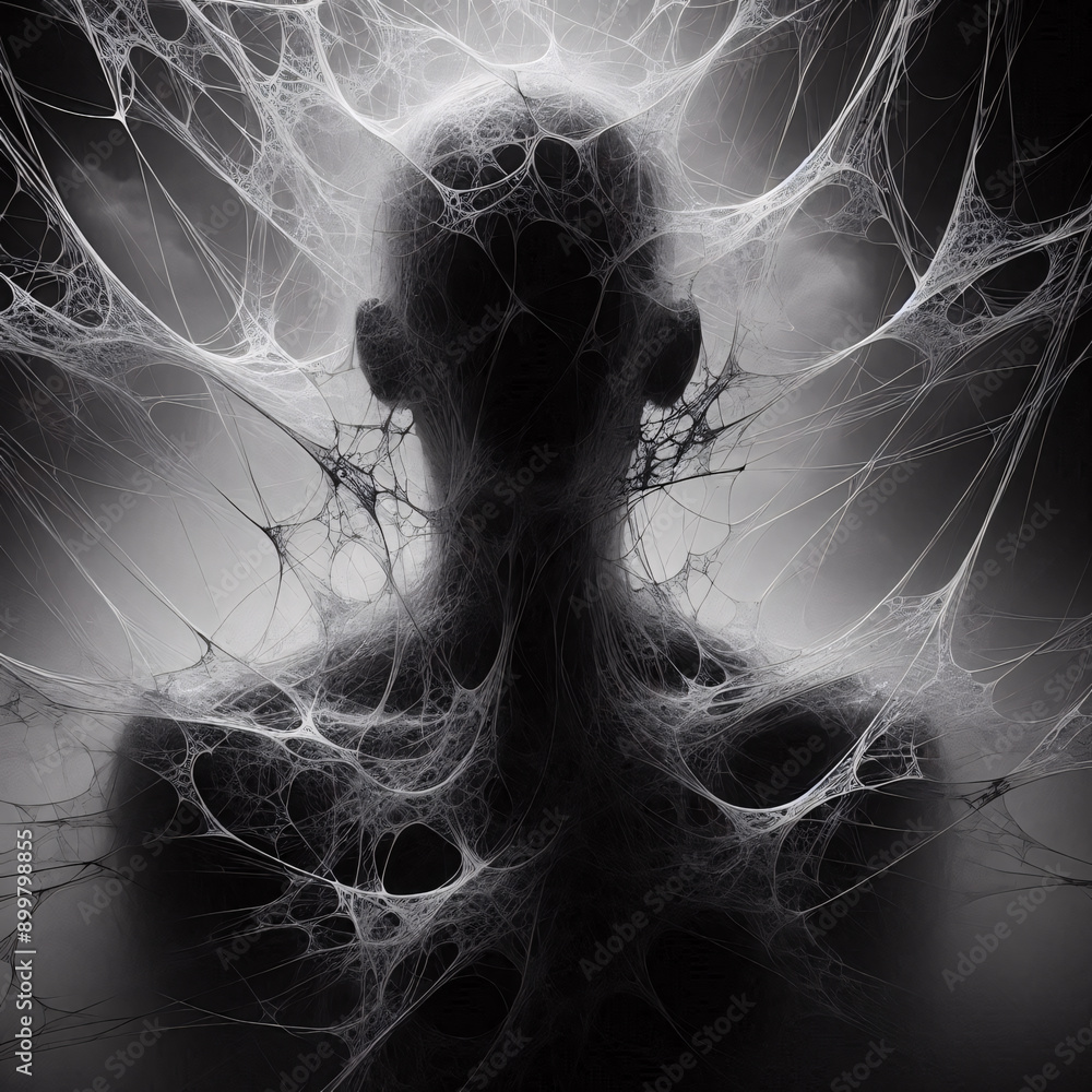 Humanoid figure covered with a sticky web, symbolism of enslavement and ...