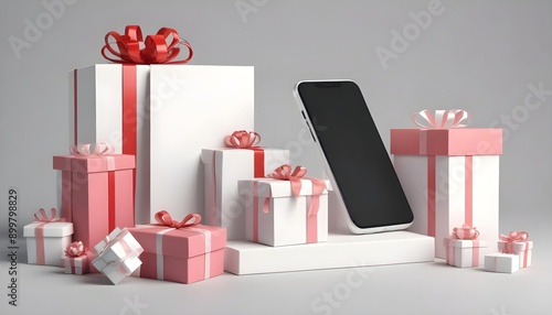 3D Illustration. Smartphone mockup with white blank screen and carboard box with gifts. Shipping service. Shopping online and e-commerce concept.